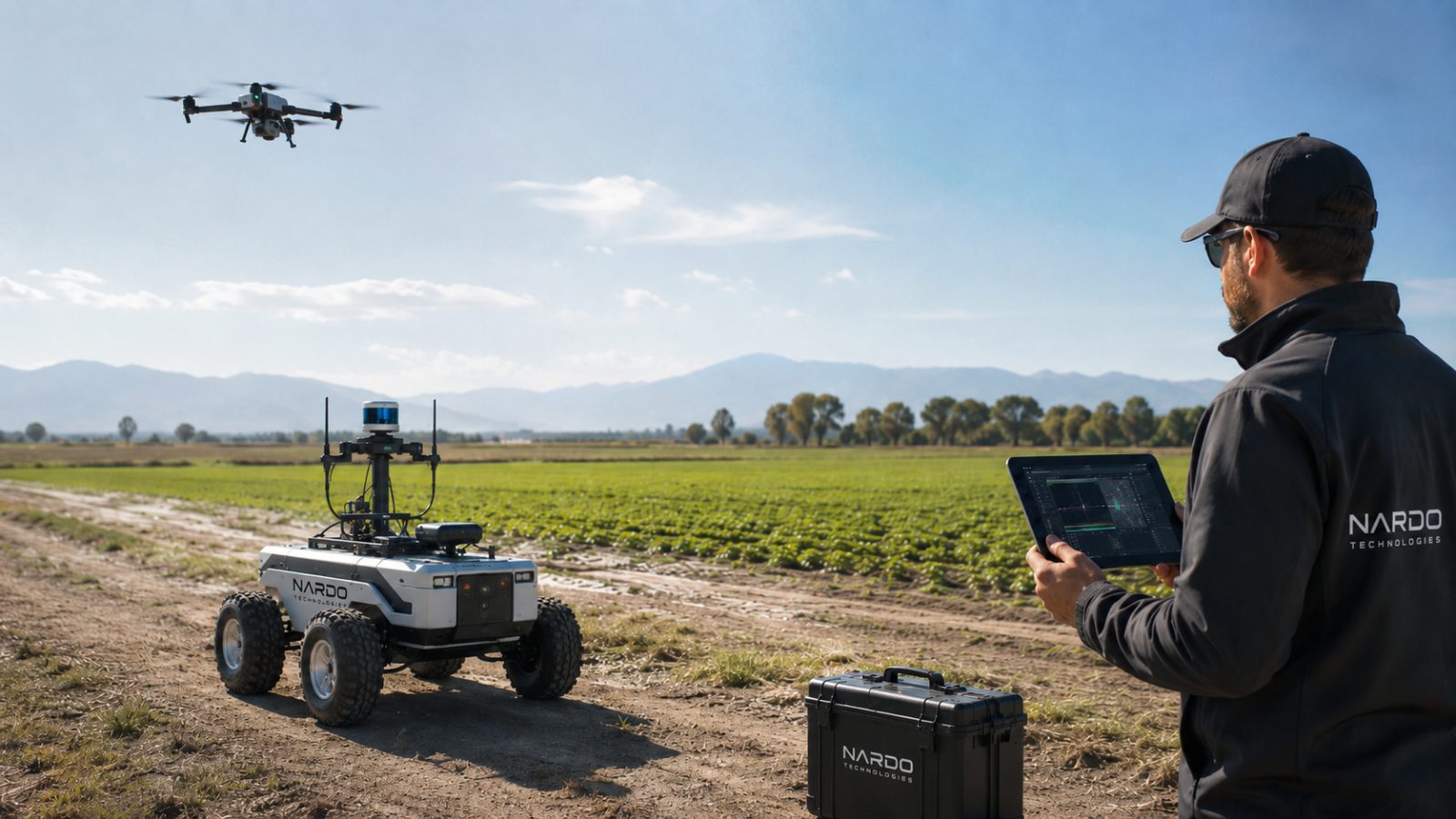 Operator running TERRA and a scouting drone from a tablet