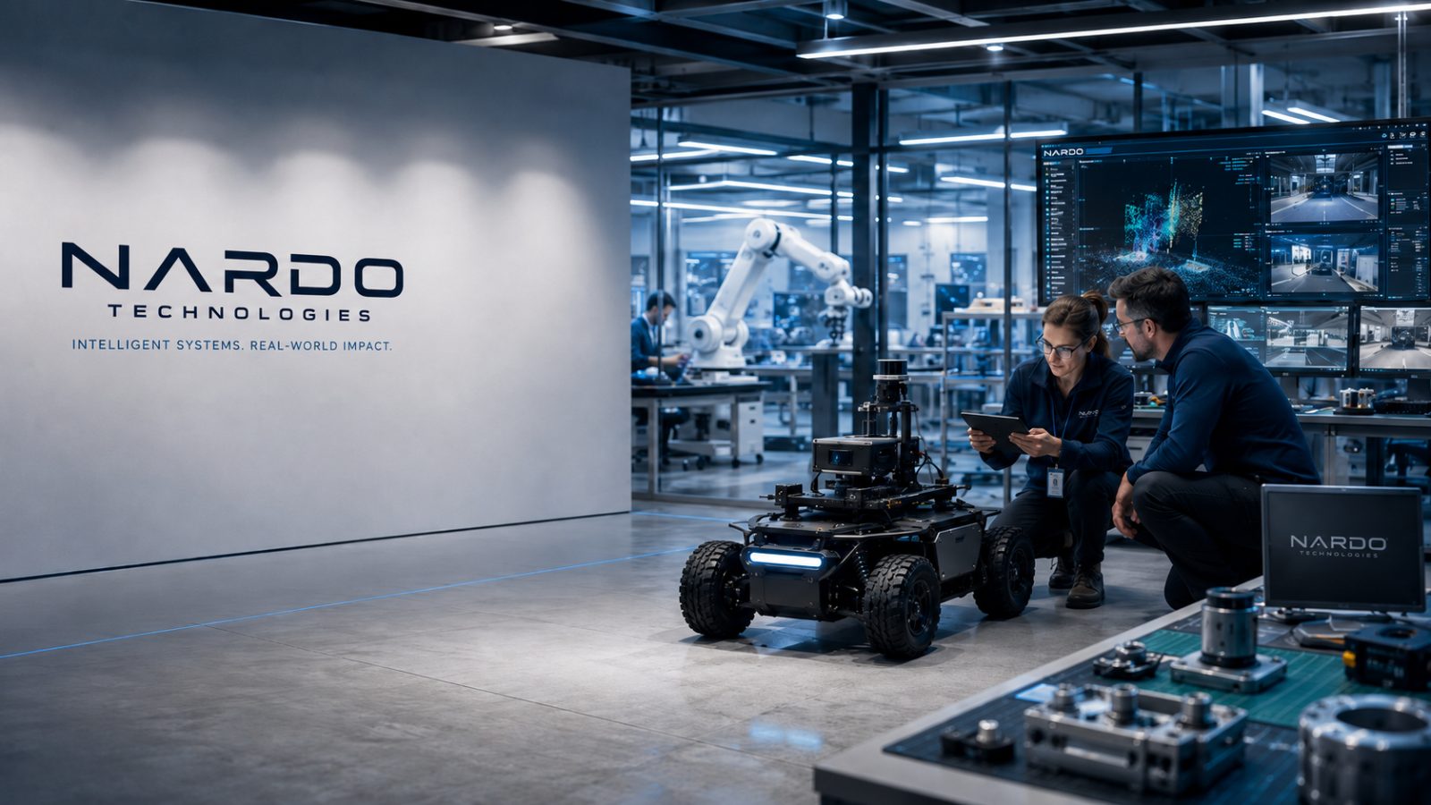 Nardo engineers reviewing a rover in the Milano lab