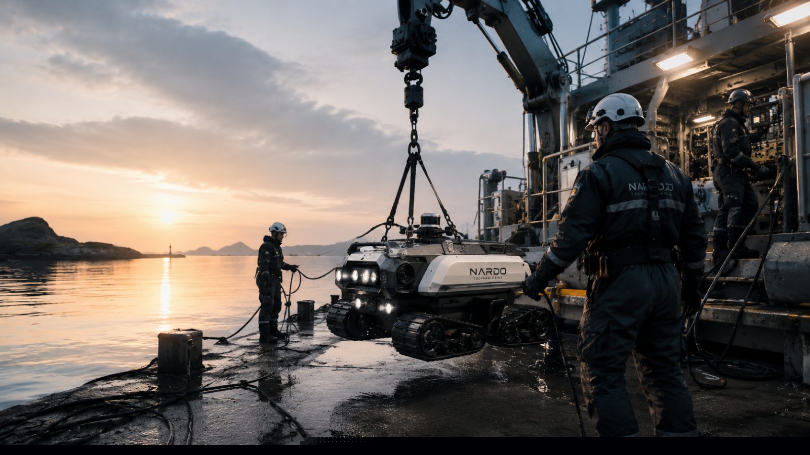 Crew crane-launching a MARE unit from a survey vessel Crew crane-launching a MARE unit from a survey vessel