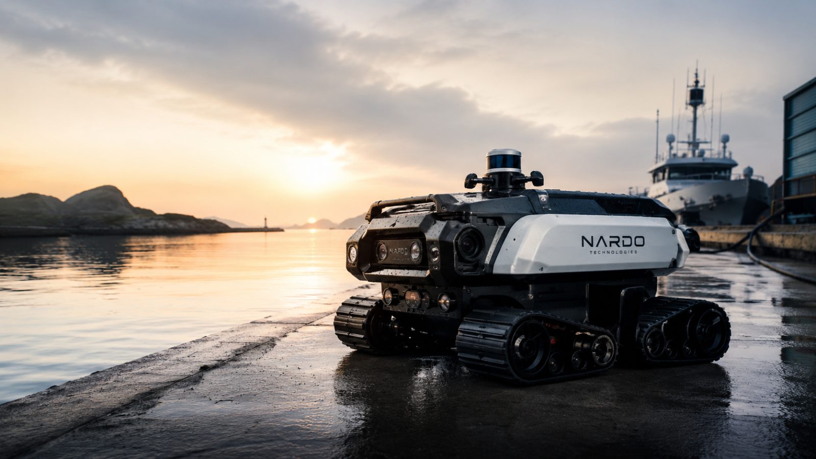 MARE tracked amphibious unit on a wet quay at sunset