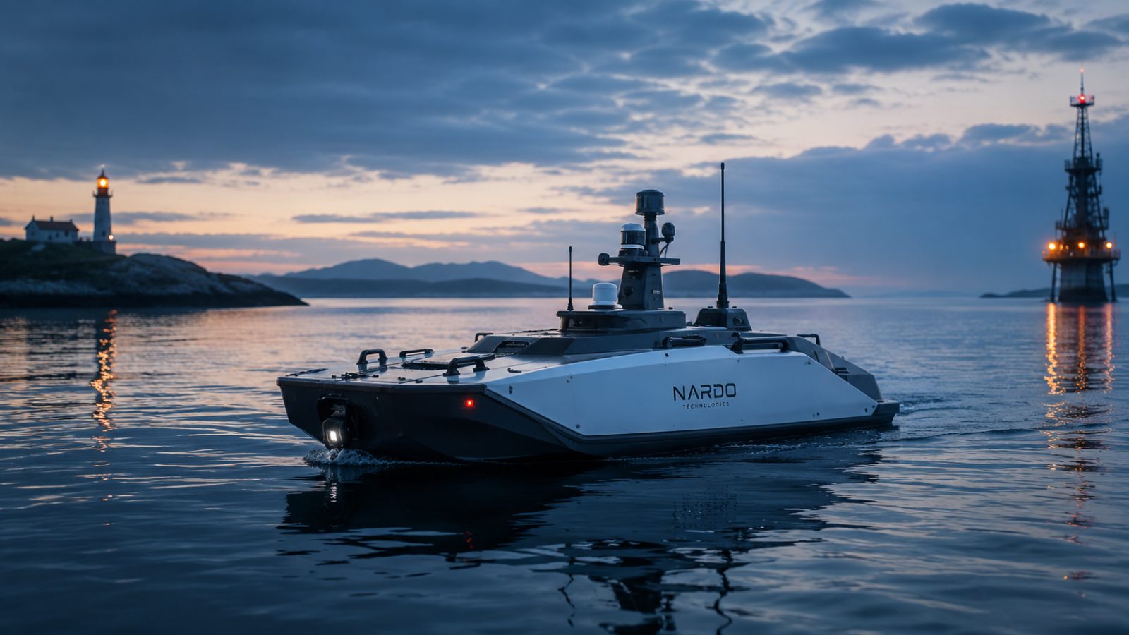 NARDO uncrewed surface vessel on patrol at dusk NARDO uncrewed surface vessel on patrol at dusk