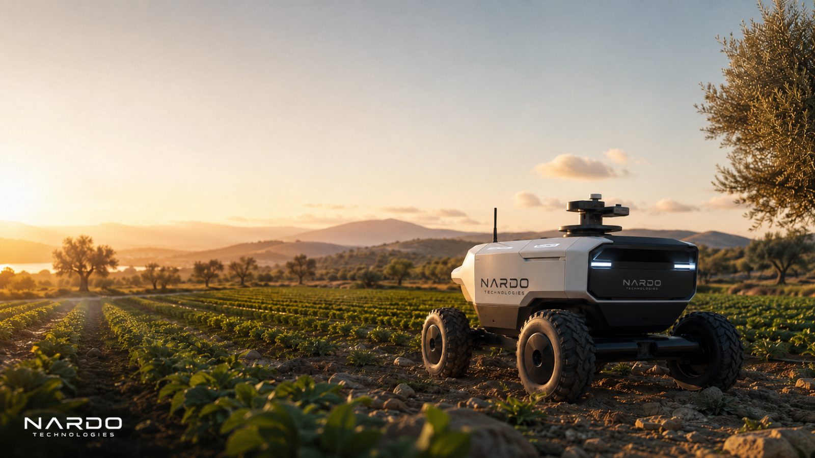 TERRA rover working an olive-country field at sunrise in Puglia